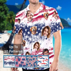 May include: Short-sleeved shirt with a patriotic design of red and blue stars and stripes. The shirt has a white background and includes faces of people and dogs. The text "Up To 10 Patterns" is visible.