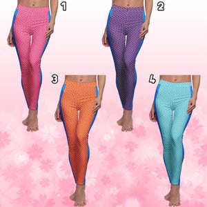May include: Four pairs of leggings in pink, purple, orange, and teal. Each pair has a honeycomb pattern on the front and a solid blue panel on the side. The leggings are form-fitting and reach the ankles.