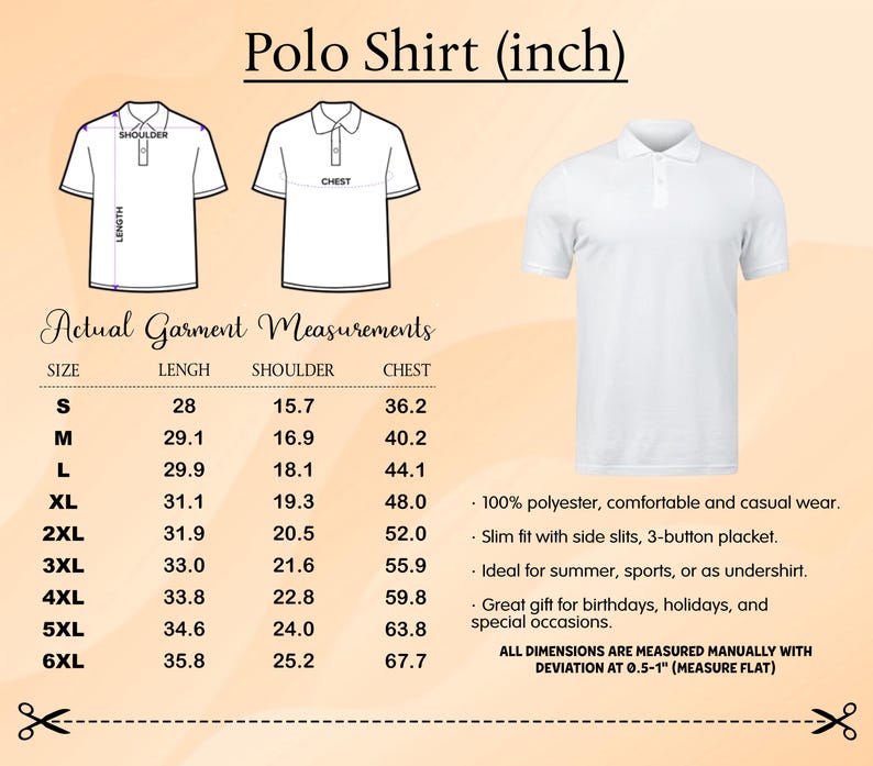 Peut inclure: Polo blanc avec une patte de boutonnage &agrave; trois boutons, pr&eacute;sent&eacute; avec des mesures en pouces. L'image comprend un tableau des tailles avec des mesures de longueur, d'&eacute;paule et de poitrine pour les tailles S &agrave; 6XL. Fabriqu&eacute; en 100% polyester.