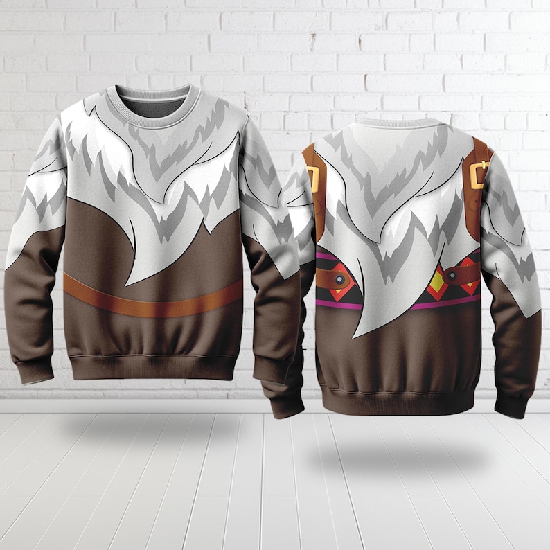 May include: Crew neck sweatshirt featuring a design that resembles a character's outfit. The top portion is white with a fur-like pattern, transitioning to a brown midsection with a brown belt detail. The back of the sweatshirt is also visible.