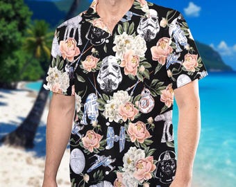 Disney Floral Star Wars Hawaiian Shirt, Stormtrooper R2D2 BB8 Spaceship Button Up, Disneyland Star Wars Summer Beach Shirt, Aloha Trip Shirt