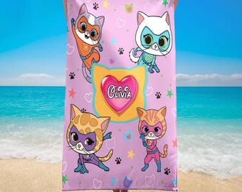 Personalized Super Kitties Wdw Beach Towels, Custom Name Super Kitties Towels, Super Kittie Buddy Bitsy Ginny Sparks Hero Beach Towels