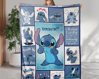 Personalized Lilo And Stitch Blanket, Disney Cute Stitch Blanket, Stitch Blue Alien Blanket, Stitch Fleece Blanket, Disney Stitch Quilt