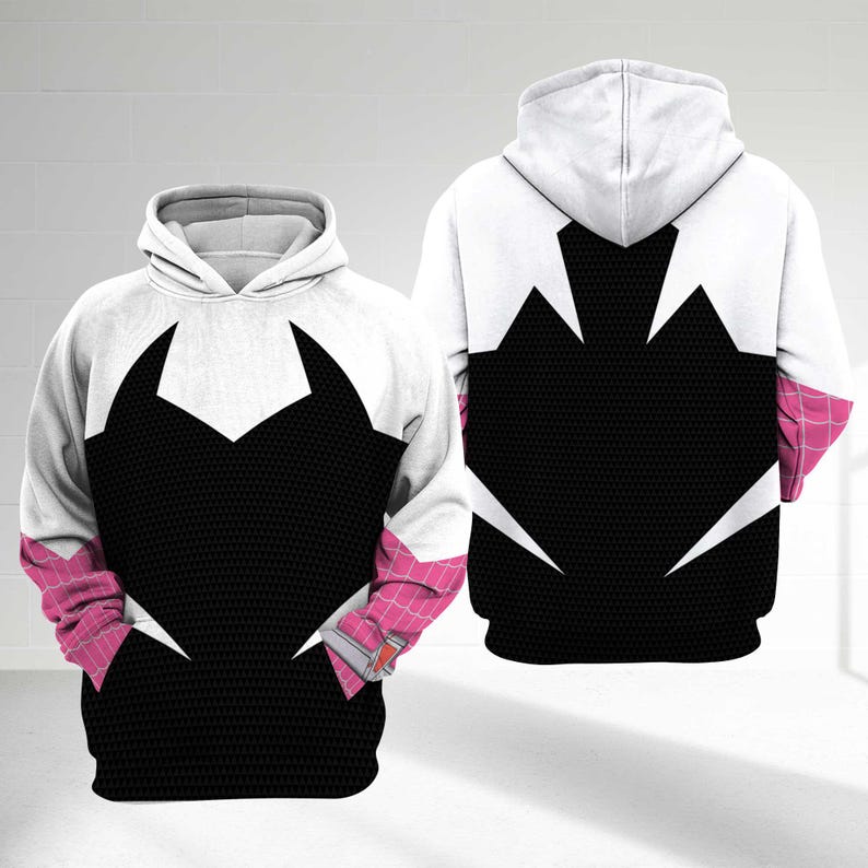 May include: White and black hooded sweatshirt with a graphic design. The front features a black honeycomb pattern with white accents and a white hood. The sleeves are pink with a web-like pattern. The back of the sweatshirt has a similar design.