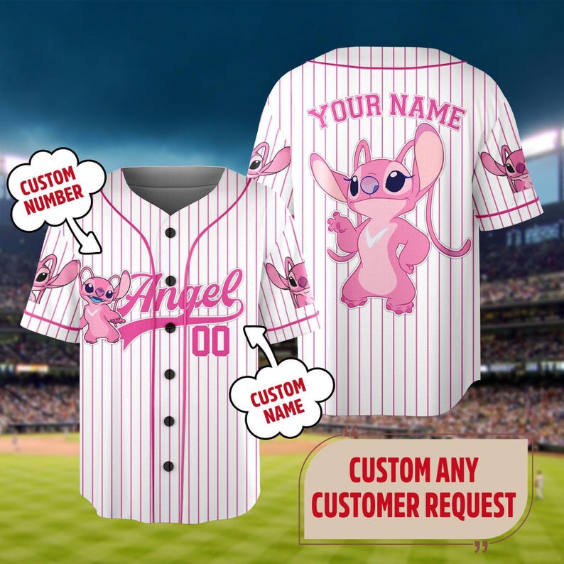 Personalized Disney Stitch Angel Baseball Jersey, Custom Kid Youth Adult Baseball Shirt, Lilo and Stitch Jersey, Stitch Birthday Girl Gift bild 1