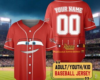 Disney Lightning McQueen Costume Baseball Jersey, Cars Lightning McQueen Cosplay Costume Jersey, Cars Rusteze Logo Halloween Jersey Shirt