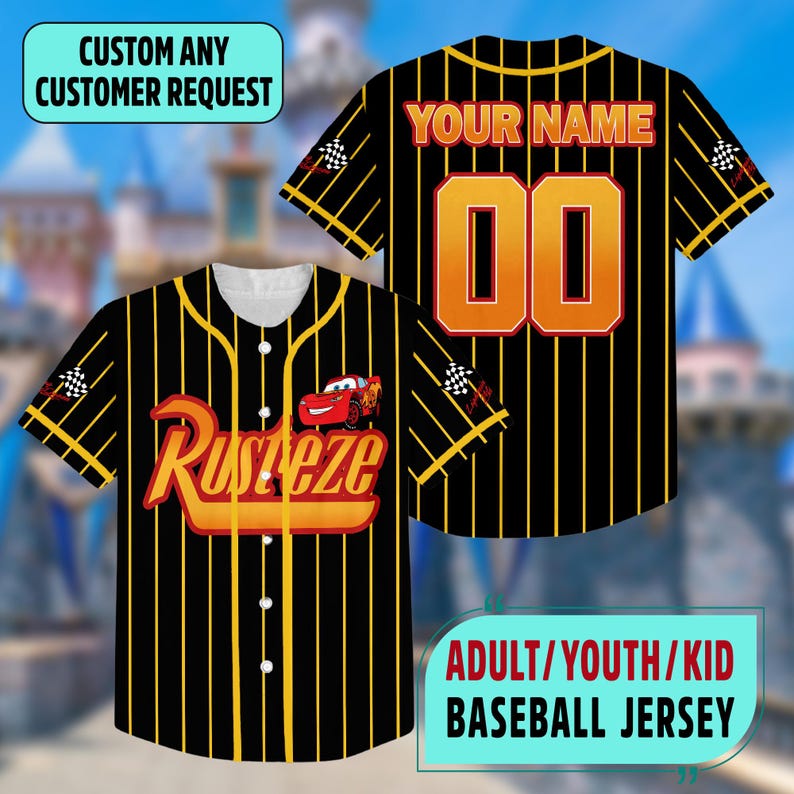 May include: Black baseball jersey with yellow pinstripes, featuring the text "Rusteze" and a cartoon car graphic. The jersey includes the text "YOUR NAME" and the number "00" on the back. The jersey is available in adult, youth, and kid sizes.