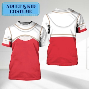 May include: Two short-sleeved t-shirts with a white upper section and a red lower section. The white section has a design that looks like a zipper and mesh. The text "ADULT & KID COSTUME" is in a blue rectangle.