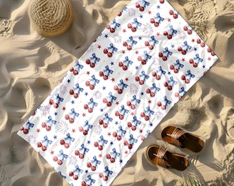 Toallas de playa con diseño de cerezas americanas y fuegos artificiales del 4 de julio, toalla de playa con lazo de cerezas, toalla hawaiana de moda para el 4 de julio, toalla de playa con la bandera de EE. UU. del 4 de julio