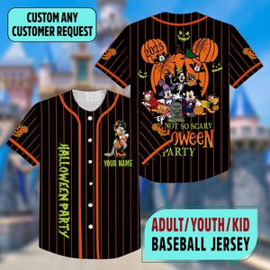 May include: Black baseball jersey with orange vertical stripes and a white collar. The jersey features a Halloween-themed graphic with cartoon characters, pumpkins, and the text "NOT SO SCARY OWEEN PARTY". Additional text includes "HALLOWEEN PARTY" and "YOUR NAME".