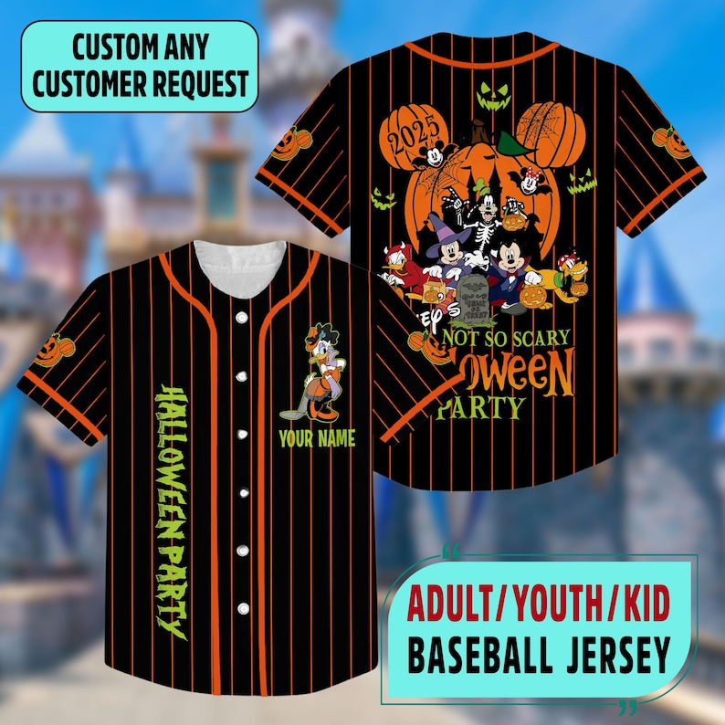 May include: Black baseball jersey with orange vertical stripes and a white collar. The jersey features a Halloween-themed graphic with cartoon characters, pumpkins, and the text "NOT SO SCARY OWEEN PARTY". Additional text includes "HALLOWEEN PARTY" and "YOUR NAME".