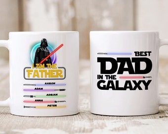 Mug personnalisé Je suis le père, le meilleur papa de la galaxie, tasse à café personnalisée papa, papa avec nom d'enfant, tasse sabres laser pour la fête des pères RE