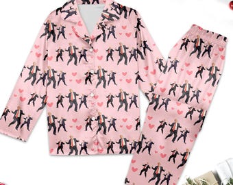 Donald Trump Heart Kiss Valentine Pajama Set, MAGA Trump Dancing Pajamas, US Political Gift for Her, Trump Women Sleepwear, Trump Pajamas