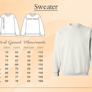 a sweater with actual measurements and a size chart, along with a plain white sweater.