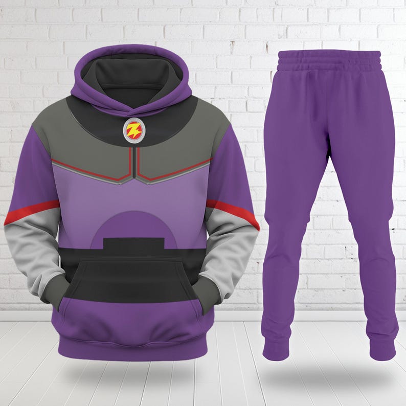 May include: A purple hoodie and matching sweatpants set. The hoodie features a design with gray, black, red, and white accents, including a lightning bolt emblem. The sweatpants are a solid purple color.