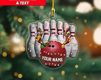 May include: A bowling-themed Christmas ornament featuring a red bowling ball with the text "YOUR NAME" and antlers, surrounded by bowling pins. The ornament has the text "CUSTOM IMAGE & TEXT" in a red banner.