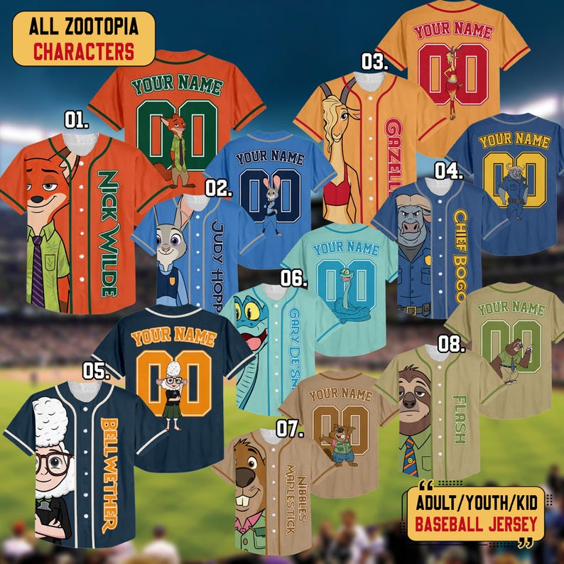 Personalized Disney Zootopia Characters Baseball Jersey, Custom Judy Hopps Nick Wilde Jerseys, Zootopia Baseball Team Outfit, Disney Shirts bild 1