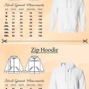 two different styles of hoodies, one with actual garment measurements and the other with a zip hoodie. The image is a collage of two separate images, each showing a different style of hoodie.