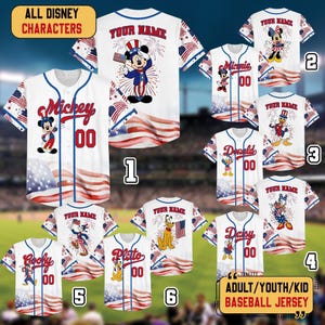 Personalized Disney 4th Of July Mickey & Friends Baseball Jersey, Custom Disneyland 4th Of July Jersey Kids, 4th July Family Matching Jersey image 1