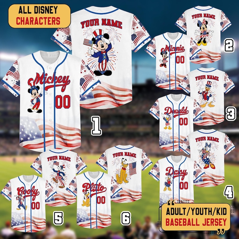 Personalized Disney 4th Of July Mickey & Friends Baseball Jersey, Custom Disneyland 4th Of July Jersey Kids, 4th July Family Matching Jersey image 1
