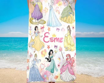 Personalized Watercolor Wdw Princess Beach Towels, Custom Name Baby Girl Beach Towel, WDW Princess Towels, Birthday Girl Gifts