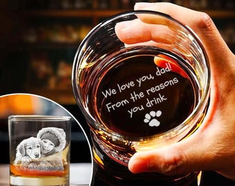 Personalized Photo Whiskey Glass, Custom Photo We Love You Dad From The Reasons You Drink Glass, Custom Name Glass, Dog Lover Rock Glass