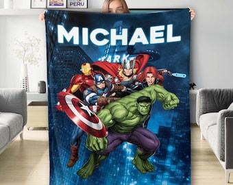 Personalized Hero Team Plush Fleece Blanket, Custom Name Superhero Squad Blanket, Birthday Gift, Home Decor Gift For Kid