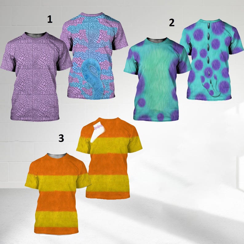May include: A collection of five short-sleeved t-shirts labeled 1, 2, and 3. The first pair features purple reptile scales and a blue tail design. The second pair displays teal fur with purple spots and a central spine. The third pair has orange and yellow stripes.