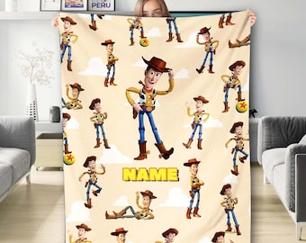 Personalized Toy Movie Character Fleece Blanket, Custom Name Cartoon Cowboy Blanket, Birthday Gift For Kids, Customized Cowboy Blanket