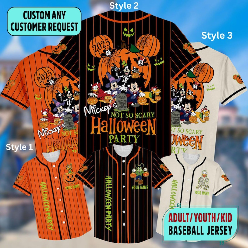 May include: Several baseball jerseys with Halloween-themed designs. Styles include orange and black striped jerseys with pumpkin and character graphics. The text includes "Mickey's Not So Scary Halloween Party" and "Halloween Party". The jerseys are available in adult, youth, and kid sizes.