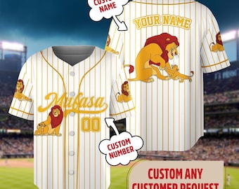 Camiseta de béisbol personalizada de Disney El Rey León Mufasa, regalo de camiseta personalizada de Disneyworld para niños, regalo para fanáticos del béisbol, regalo de camiseta de Disney