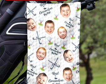 Personalized Grandkids Photo Golf Towels, Custom Face Best Grandpa By Par Golf Towel, Father's Day Gift For Dad, Grandpa, Golf Lover Gifts