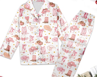 Pink Cowgirl Boots And Hat Country Themed Pajamas, Boots And Hats Western Cowgirl Pajamas Set, Cowgirl Boots Pajamas Set Gifts