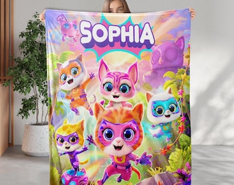 Personalized Wdw Superkitties Season 3 Blanket, Custom Name Superkitties Blanket Birthday Gift, Buddy Bitsy Ginny Sparks Hero Blankets