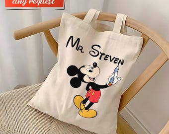 Personalized Name Mickey Mouse Teacher Tote Bag, Custom Name Wdw Teacher Tote Bag, Gift for Teacher, Back To School Teacher Bag Gifts