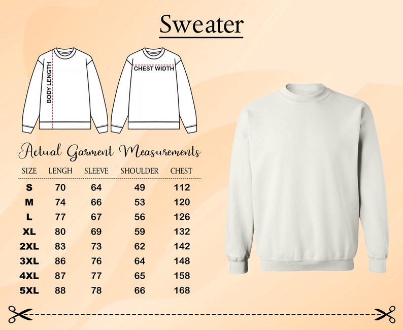 a sweater with actual measurements and a size chart, along with a plain white sweater.