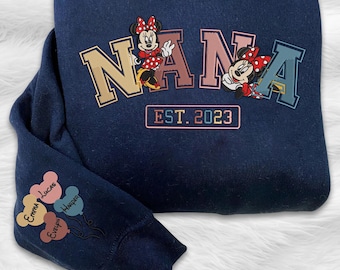 Sudadera personalizada de Disney Minnie Nana bordada, suéter personalizado de Minnie para abuela, regalo para el Día de la Madre, suéter Disney personalizado con nombre para niños