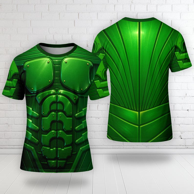 K&ouml;nnte beinhalten: Ein gr&uuml;nes T-Shirt mit einem detaillierten Design, das einer metallischen R&uuml;stung &auml;hnelt. Die Vorderseite des Shirts zeigt eine Brustplatte und Schulterpolster, w&auml;hrend die R&uuml;ckseite ein geripptes Muster aufweist. Das Shirt wird vor einer wei&szlig;en Backsteinmauer pr&auml;sentiert.