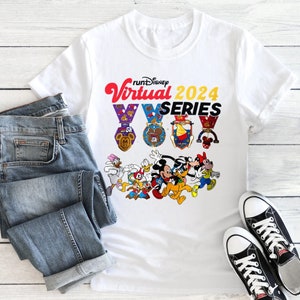 May include: White t-shirt with a colorful graphic of Disney characters running. The graphic includes the text "runDisney Virtual 2024 Series".