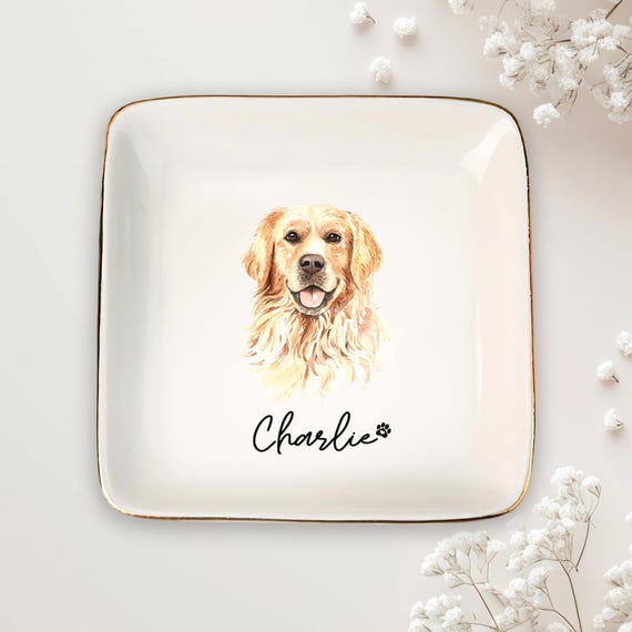 Personalized Dog Cat Photo Ring Dish, Custom Pet Portrait Photo Jewelry Dish, Pet Lovers Dish Gift, Trendy Gift For Cat Mom, Pet Name Dish