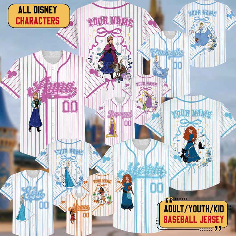 Personalized Anna Elsa Frozen Baseball Jersey, Belle Cinderella Baseball Shirt, Ariel Aurora Jersey Team, Custom Name Princess Baseball image 2
