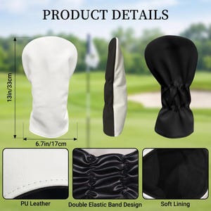 Puede incluir: Fundas para la cabeza del palo de golf hechas de cuero PU, con un dise&ntilde;o blanco y negro. Las fundas miden 33 cm de largo y 17 cm de ancho. Incluyen un dise&ntilde;o de doble banda el&aacute;stica y forro suave. El texto "PRODUCT DETAILS" est&aacute; en la parte superior.