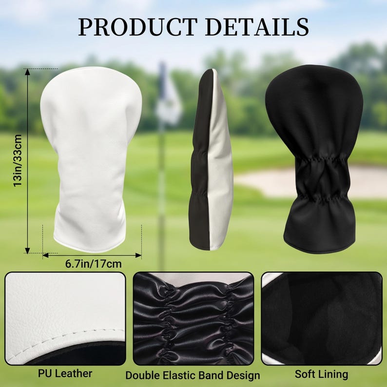 Puede incluir: Fundas para la cabeza del palo de golf hechas de cuero PU, con un dise&ntilde;o blanco y negro. Las fundas miden 33 cm de largo y 17 cm de ancho. Incluyen un dise&ntilde;o de doble banda el&aacute;stica y forro suave. El texto "PRODUCT DETAILS" est&aacute; en la parte superior.