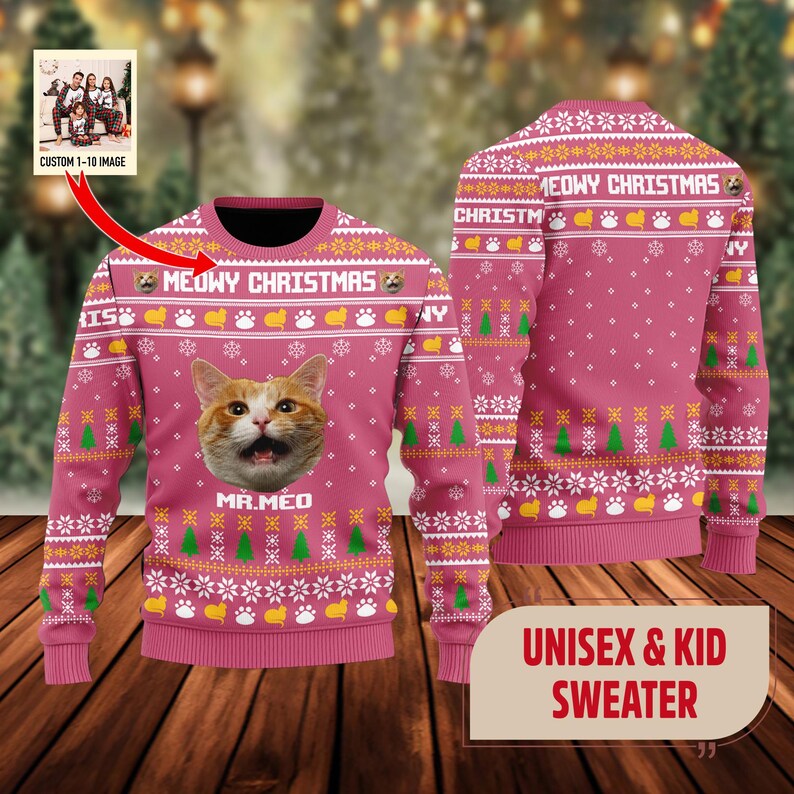 Personalized Meowy 2024 Ugly Christmas Sweater, Custom Cat Lovers Xmas