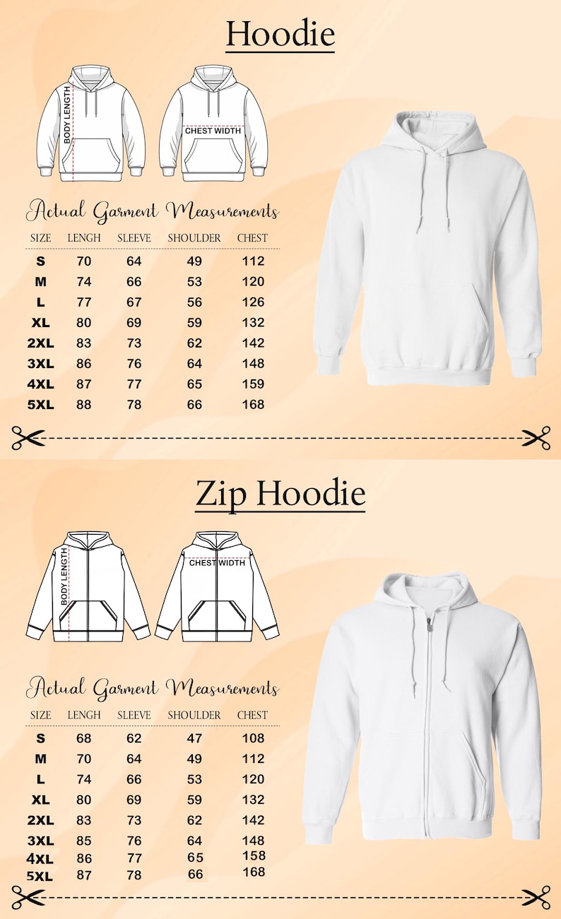 two different styles of hoodies, one with actual garment measurements and the other with a zip hoodie. The image is a collage of two separate images, each showing a different style of hoodie.
