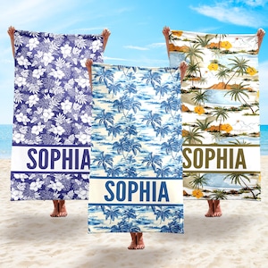 Personalized Tropical Pattern Beach Towels, Custom Beach Towel With Name, Custom Pool Towels, Birthday Vacation Beach Towel Gift, Trip Towel