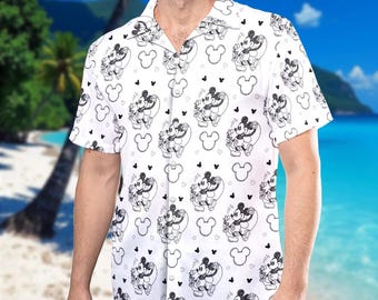 Wdw Mickey Mouse Drawing Sketch Hawaiian Shirt, WDW Mickey Magic Kingdom Button Up, Wdwworld Inspired Short Sleeve Beach Shirt