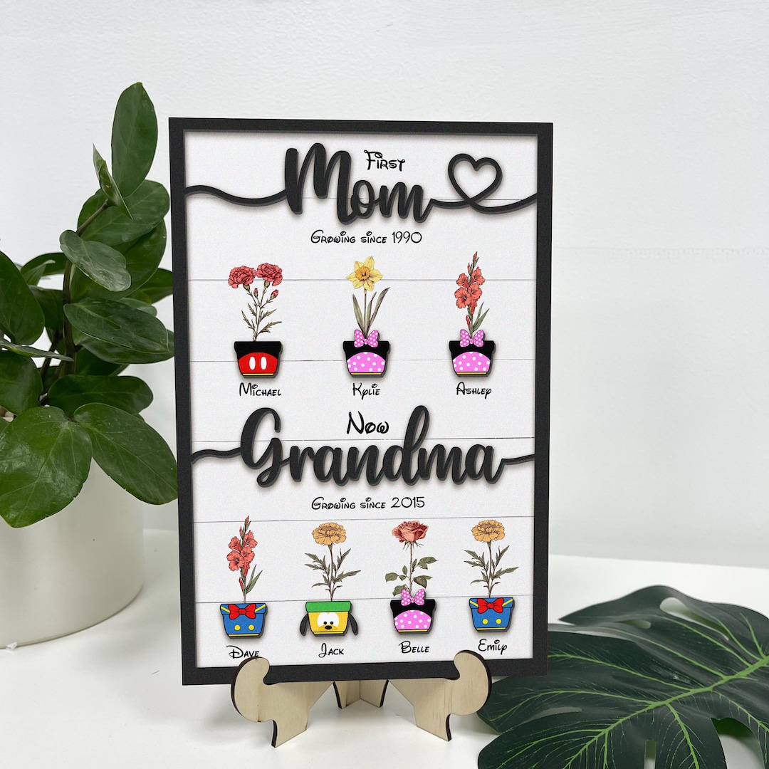 Personalized Wdw First Mom Now Grandma Birth Month Flowers Wooden Frame ...