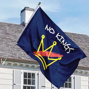 May include: A navy blue flag with the words "NO KINGS" in white, above a yellow crown design with a red stroke. The flag is mounted on a silver pole and is displayed outside a house.