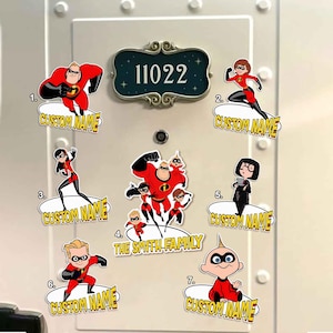 May include: Seven magnetic decals featuring characters from the Incredibles movie. The decals are in the shape of a speech bubble with the text "CUSTOM NAME" below each character. The family includes Mr. Incredible, Elastigirl, Violet, Dash, Jack-Jack, and Frozone. The seventh decal features the family together with the text "THE SMITH FAMILY".